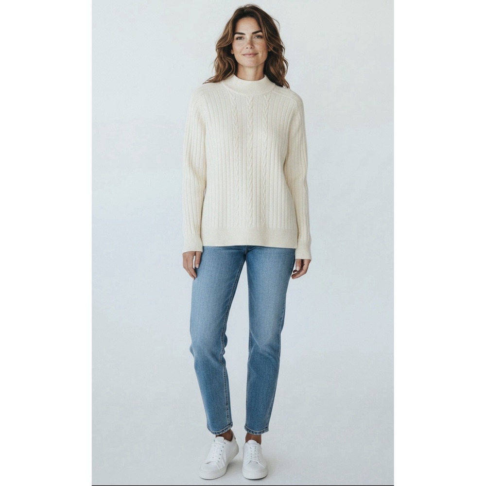 Vintage Crystal Kobe Women's M Ivory Cable Knit Mock Neck Sweater Fisherman